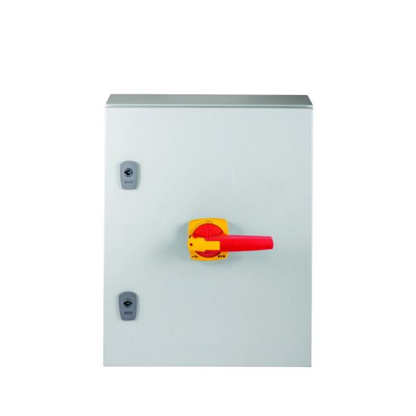 Switch-disconnector, DMV, 400 A, 3 pole, Emergency switching off function, With red rotary handle and yellow locking ring, in steel enclosure, 11 mm c image 1