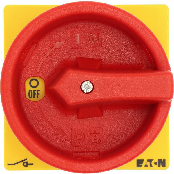 Main switch, P3, 63 A, flush mounting, 3 pole, 2 N/O, 2 N/C, Emergency switching off function, With red rotary handle and yellow locking ring image 36