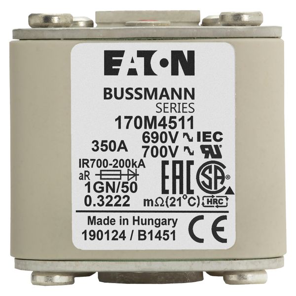 Fuse-link, high speed, 350 A, AC 690 V, size 1, 53 x 69 x 51 mm, aR, IEC, UL, single indicator, flush end, 18 UNC image 22