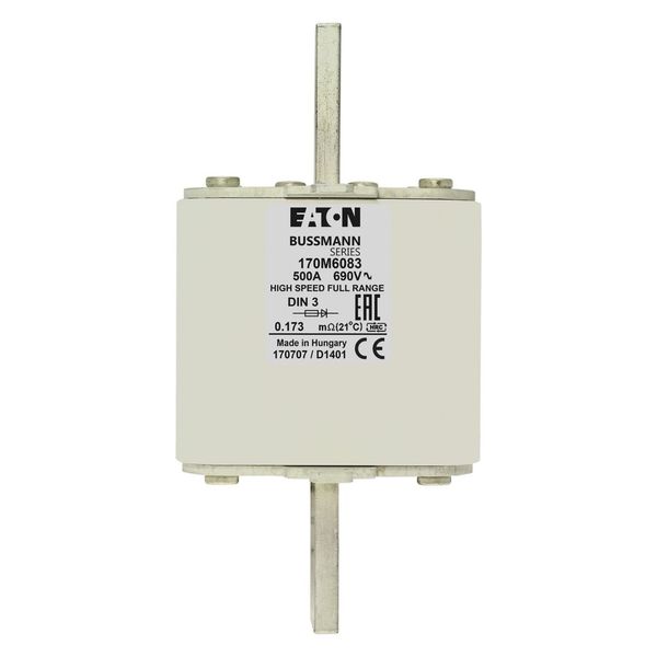 Fuse-link, high speed, 500 A, AC 690 V, DIN 3, 75 x 89 x 150 mm, gR, DIN, IEC, single indicator image 7