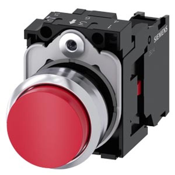 Pushbutton, 22 mm, round, metal, shiny, red, pushbutton, raised, momentary contact type, with holder, 1 NC,  3SU1150-0BB20-1CA0-Z Y10 image 1