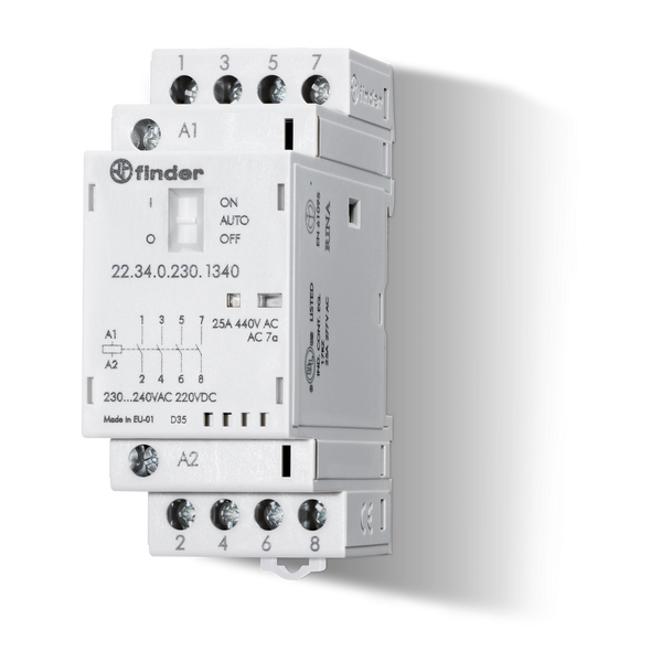 Mod.contactor 35mm.4NO 25A/120VUC, AgSnO2/Mech./Auto-On-Off/LED (22.34.0.120.4340) image 1