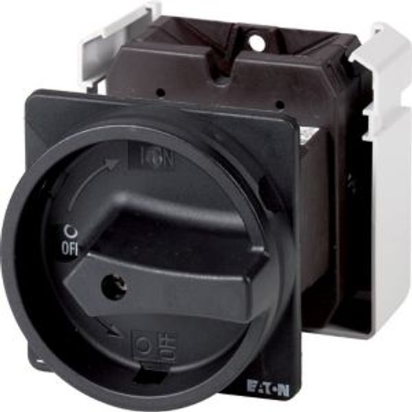 Main switch, T5, 100 A, rear mounting, 4 contact unit(s), 6 pole, 1 N/O, 1 N/C, STOP function, With black rotary handle and locking ring, Lockable in image 2