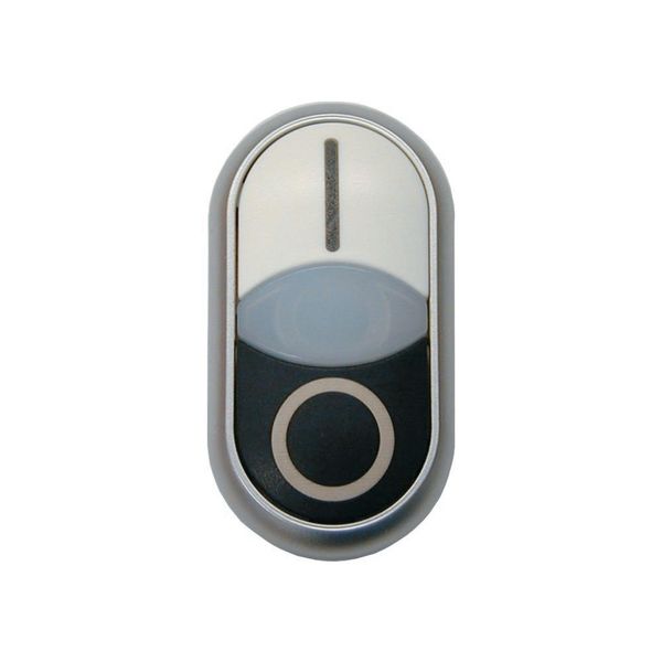 Double actuator pushbutton, RMQ-Titan, Actuators and indicator lights flush, momentary, White lens, white, black, inscribed, Bezel: black image 2