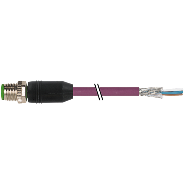 M12 male 0° A-cod. with cable PUR AWG24+22 shielded vt +drag ch. 5m image 1