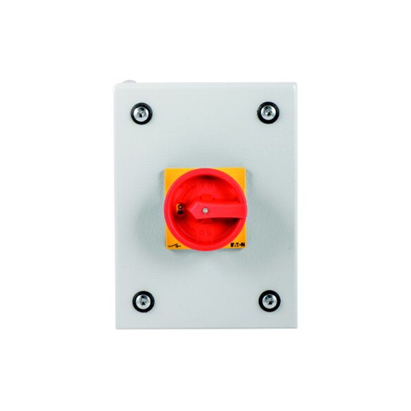 Main switch, T0, 20 A, surface mounting, 2 contact unit(s), 3 pole, 1 N/O, Emergency switching off function, With red rotary handle and yellow locking image 1