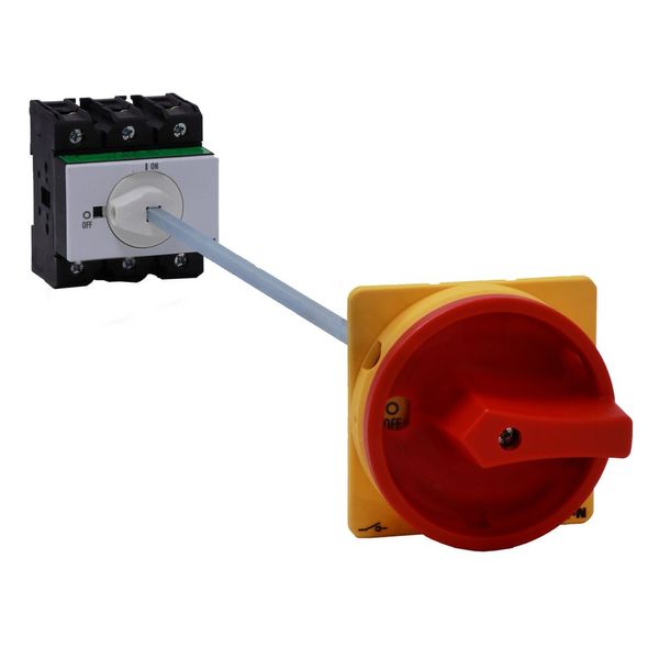 Main switch, P3, 100 A, rear mounting, 3 pole, Emergency switching off function, With red rotary handle and yellow locking ring, Lockable in the 0 (Of image 19