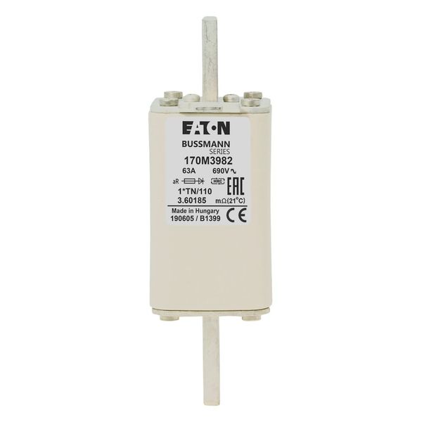 Fuse-link, high speed, 63 A, AC 1000 V, compact DIN 1, 43 x 61 x 138 mm, aR, DIN, IEC, type T indicator image 6