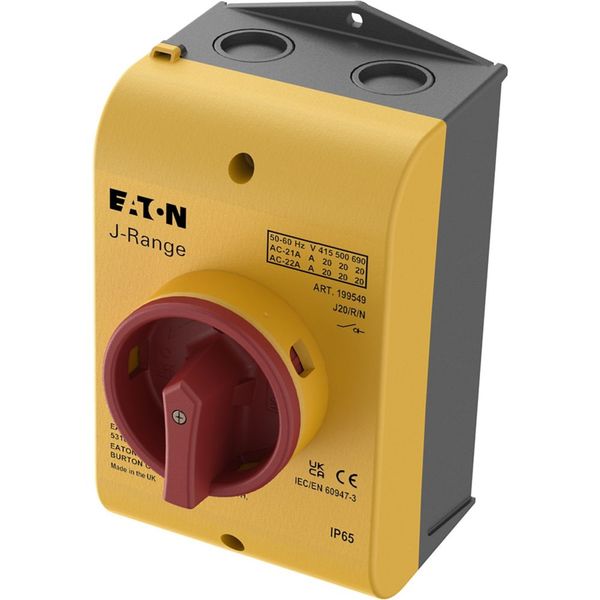 Main switch, 20 A, surface mounting, 3 pole + N, Emergency switching off function, With red rotary handle and yellow locking ring, Lockable in the 0 ( image 12