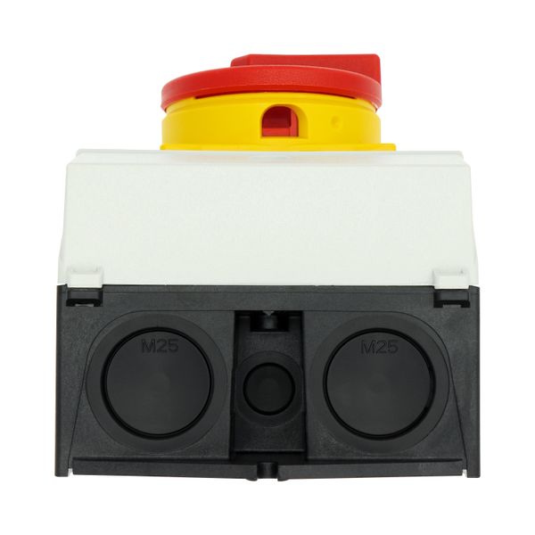 Main switch, T3, 32 A, surface mounting, 3 contact unit(s), 3 pole + N, 1 N/O, 1 N/C, Emergency switching off function, With red rotary handle and yel image 43