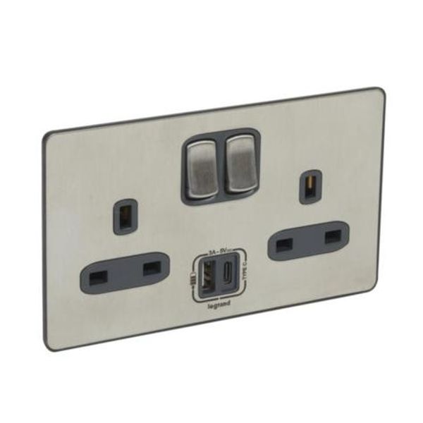 Sinergy Sleek 2 gang switched single pole BS socket outlet 13A + USB chargers Type A&C Brushed Stainless steel image 1