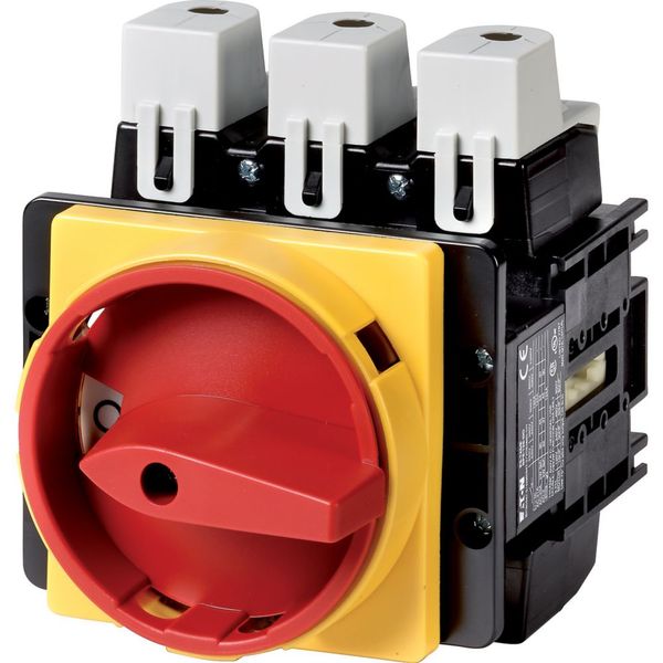 Main switch, P5, 125 A, flush mounting, 3 pole + N, Emergency switching off function, With red rotary handle and yellow locking ring, Lockable in the image 3