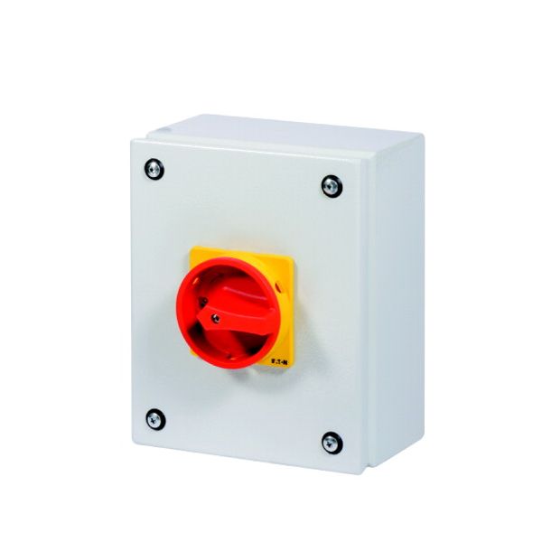 Main switch, P3, 100 A, surface mounting, 3 pole, 1 N/O, 1 N/C, Emergency switching off function, With red rotary handle and yellow locking ring, Lock image 3