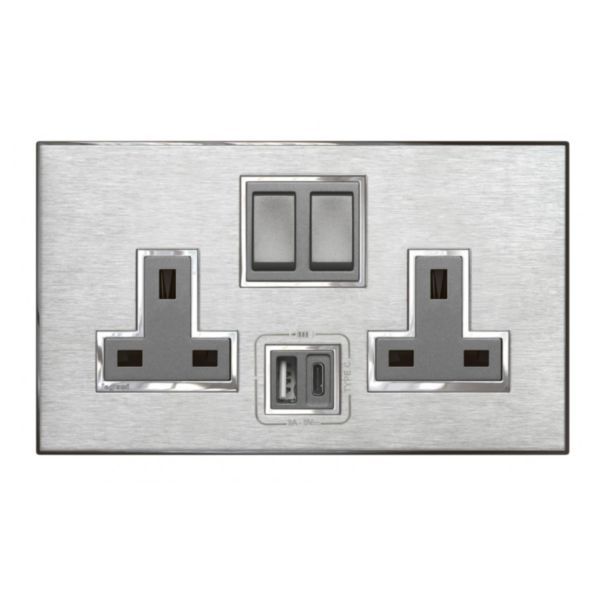 Arteor Surround Plate for 2 Gang 13A Switched Socket Outlet with USB Chargers Brushed Stainless Steel image 1