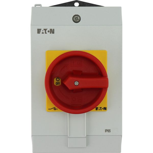 Main switch, P1, 40 A, surface mounting, 3 pole, 1 N/O, 1 N/C, Emergency switching off function, With red rotary handle and yellow locking ring, Locka image 1