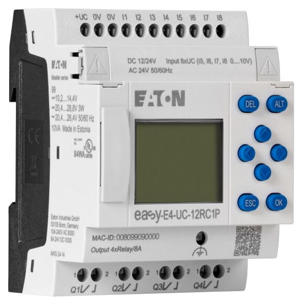 Control relays easyE4 with display (expandable, Ethernet), 12/24 V DC, 24 V AC, Inputs Digital: 8, of which can be used as analog: 4, push-in terminal image 4