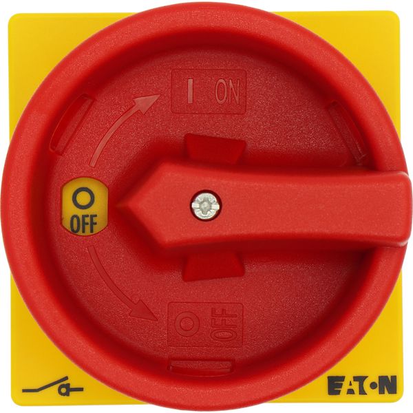 Main switch, T0, 20 A, flush mounting, 1 contact unit(s), 2 pole, Emergency switching off function, With red rotary handle and yellow locking ring image 28