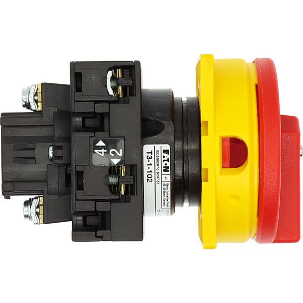 Main switch, T3, 32 A, flush mounting, 1 contact unit(s), 2 pole, Emergency switching off function, With red rotary handle and yellow locking ring, Lo image 17