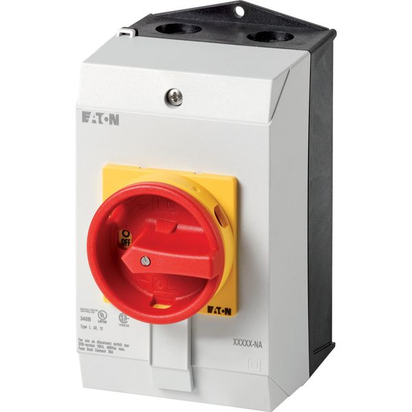 Main switch, T3, 32 A, surface mounting, 3 contact unit(s), 3 pole, 2 N/O, 1 N/C, Emergency switching off function, With red rotary handle and yellow image 3