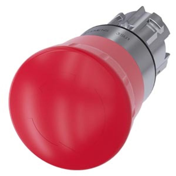 3SU1050-1HB20-0AA0-Z Y13 EMERGENCY STOP mushroom pushbutton, 22 mm, round, metal, shiny, red, 40 mm, positive latching, acc. to EN ISO 13850, rotate-to-unlatch, with laser labeling, image 1