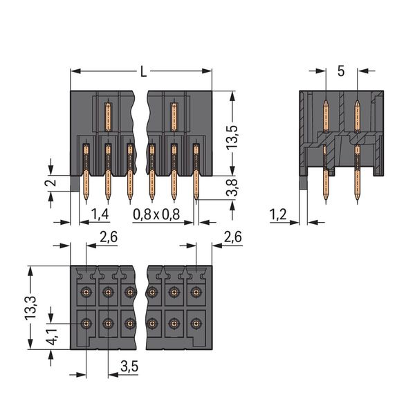 THT male header, 2-row 0.8 x 0.8 mm solder pin straight black image 3