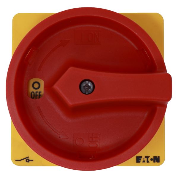 Main switch, P3, 100 A, rear mounting, 3 pole, Emergency switching off function, With red rotary handle and yellow locking ring, Lockable in the 0 (Of image 5