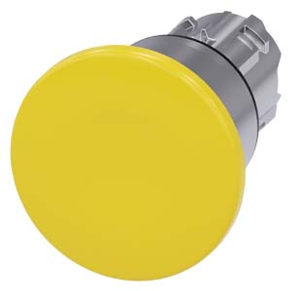 3SU1050-1BA30-0AA0-Z Y10 Mushroom pushbutton, 22 mm, round, metal, shiny, yellow, 40 mm, latching, pull-to-unlatch mechanism, with laser labeling, upper case and lower case, always upper image 1