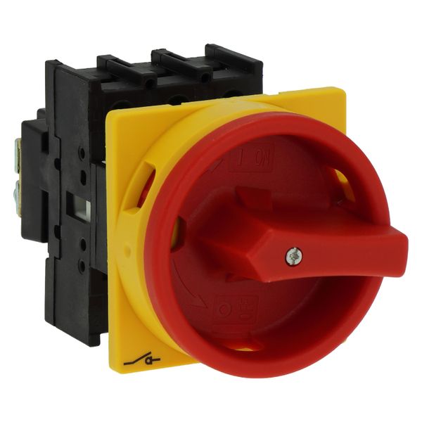 Main switch, P1, 40 A, flush mounting, 3 pole, Emergency switching off function, With red rotary handle and yellow locking ring, Lockable in the 0 (Of image 40