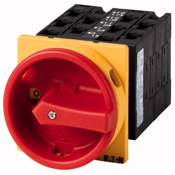Main switch, T3, 32 A, flush mounting, 5 contact unit(s), 10-pole, Emergency switching off function, With red rotary handle and yellow locking ring image 1