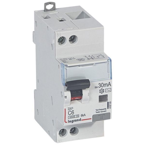 Differential circuit breaker DX³4500 high inlet and low outlet screw U+N 230V~ - 6A typeAC 30mA - curve C - 2 modules image 1