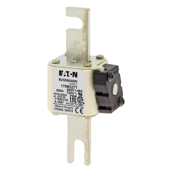 Fuse-link, high speed, 500 A, AC 690 V, compact DIN 1, 45 x 58 x 134 mm, aR, DIN, IEC, type K indicator, 110 mm centres image 14