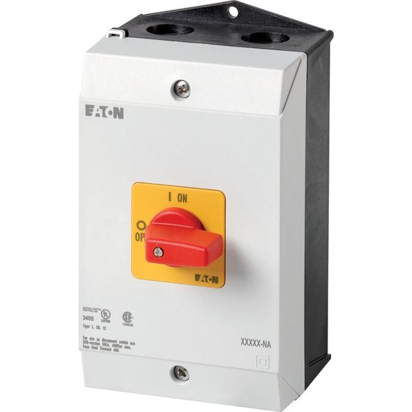 On-Off switch, P1, 25 A, surface mounting, 3 pole, Emergency switching off function, with red thumb grip and yellow front plate, UL/CSA image 2