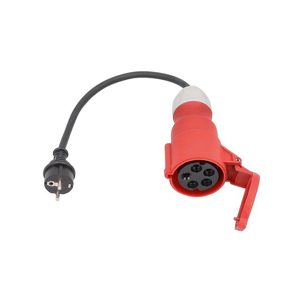CEE adapter cable 
0,3 m H07RN-F 3G2,5
1st side: shock-proof plug
2nd side: CEE socket red 400V 32A 5pole #61427 (L1, N, PE)
in polybag with label image 1