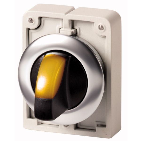 Illuminated selector switch actuator, RMQ-Titan, with thumb-grip, momentary, 3 positions, yellow, Front ring stainless steel image 1