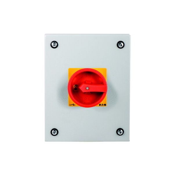 Main switch, P3, 100 A, surface mounting, 3 pole, Emergency switching off function, With red rotary handle and yellow locking ring, Lockable in the 0 image 1