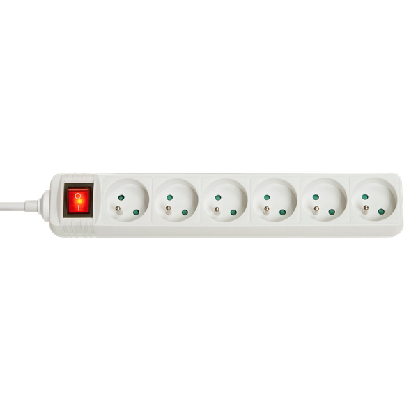 6-Way French Schuko Mains Power Extension with Switch, White Multi-socket outlet with 6 French sockets at 45°, for easy connection, 1.4m power cord. image 1