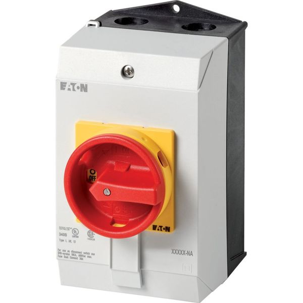 Main switch, T3, 32 A, surface mounting, 3 contact unit(s), 3 pole, 2 N/O, 1 N/C, Emergency switching off function, With red rotary handle and yellow image 4