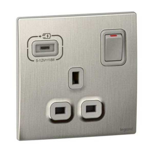 281130ABA Mallia Senses 1 gang single pole switched socket outlet - with USB C 18W charger image 1