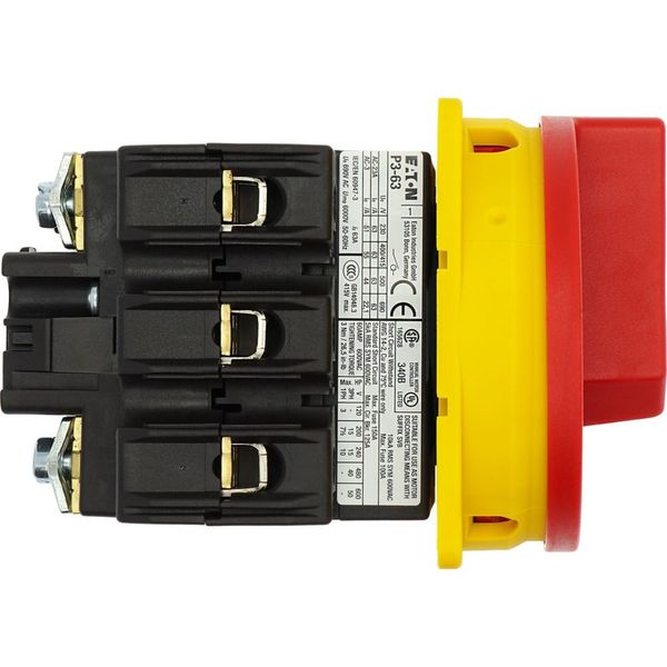 Main switch, P3, 63 A, flush mounting, 3 pole, Emergency switching off function, With red rotary handle and yellow locking ring, Lockable in the 0 (Of image 39