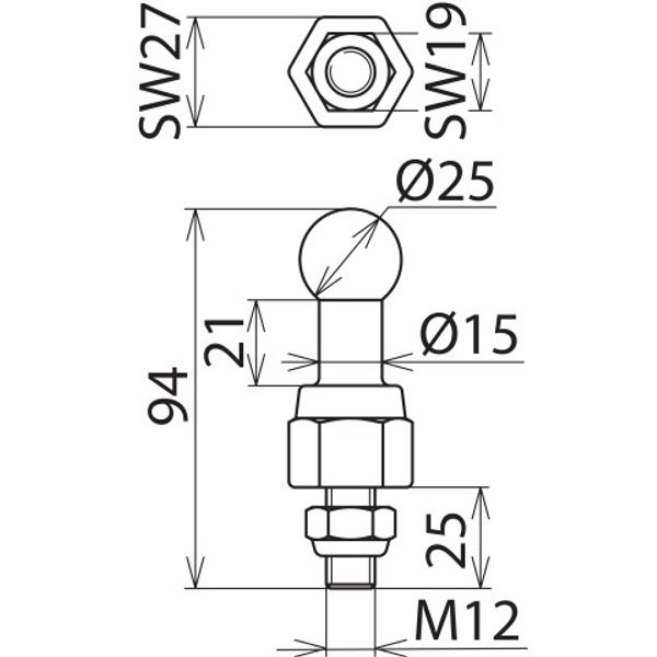 Fixed ball point D=25mm, straight with threaded bolt and nut M12x25mm image 2