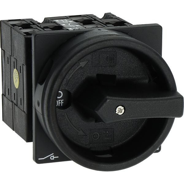 Main switch, T3, 32 A, flush mounting, 3 contact unit(s), 3 pole, 2 N/O, 1 N/C, STOP function, With black rotary handle and locking ring, Lockable in image 39