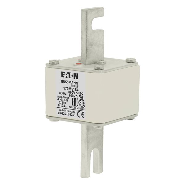 Fuse-link, high speed, 800 A, AC 690 V, DIN 2, 61 x 61 x 108 mm, aR, DIN, IEC, single indicator, 110 mm centres image 3