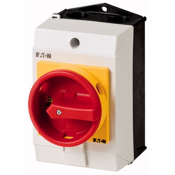 Main switch, T0, 20 A, surface mounting, 4 contact unit(s), 6 pole, 1 N/O, 1 N/C, Emergency switching off function, With red rotary handle and yellow image 1