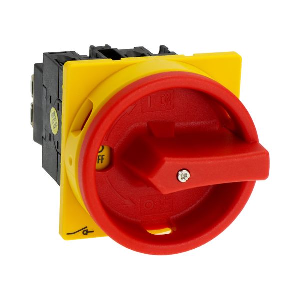 Main switch, T0, 20 A, flush mounting, 2 contact unit(s), 3 pole, 1 N/O, Emergency switching off function, With red rotary handle and yellow locking r image 17