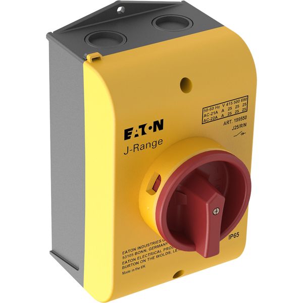 Main switch, 25 A, surface mounting, 3 pole + N, Emergency switching off function, With red rotary handle and yellow locking ring, Lockable in the 0 ( image 11