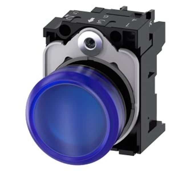 Indicator lights, 22 mm, round, plastic, blue, lens, smooth, with holder, LED module with integrated  3SU1103-6AA50-1AA0-Z Y13 image 2