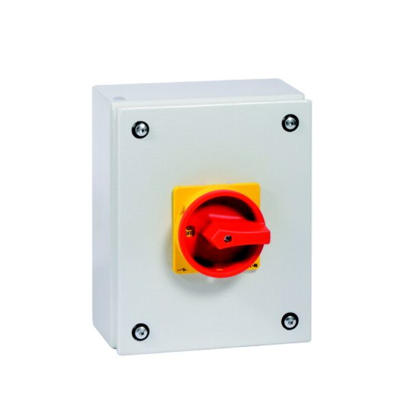 Main switch, P3, 100 A, surface mounting, 3 pole, 1 N/O, 1 N/C, Emergency switching off function, With red rotary handle and yellow locking ring, Lock image 4