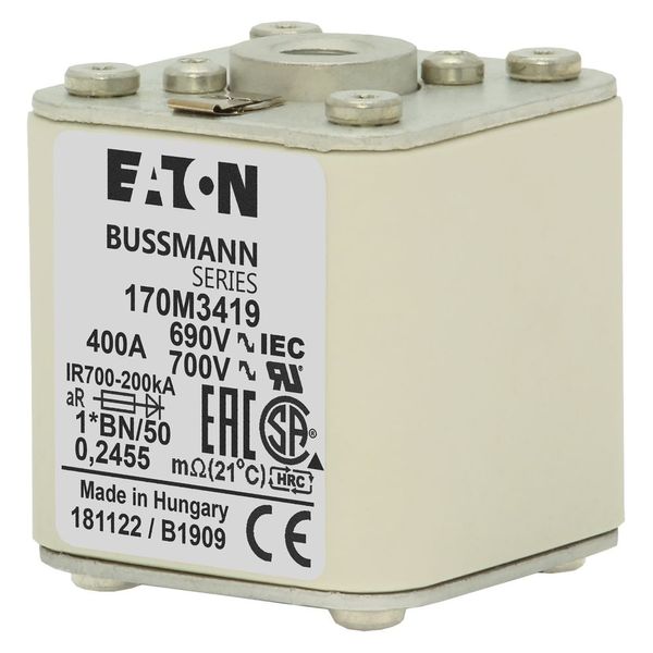 Fuse-link, high speed, 400 A, AC 690 V, compact size 1, 45 x 59 x 51 mm, aR, IEC, UL, single indicator, flush end, M8 image 12