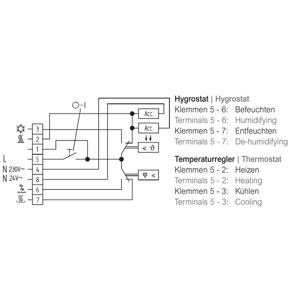 Hygrothermostat, 10-35C, 35-100%, AC 230V/24V, 1CO, 10/5 A, AC 24-230V, 1CO, 5A image 3