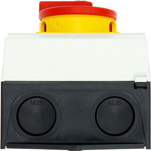 Main switch, P1, 25 A, surface mounting, 3 pole + N, Emergency switching off function, With red rotary handle and yellow locking ring, Lockable in the image 55
